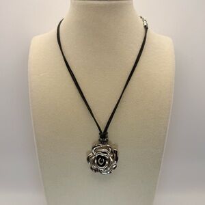 Brighton Vintage Silver Rose Pendant Necklace Leather Cord Adjustable Boho